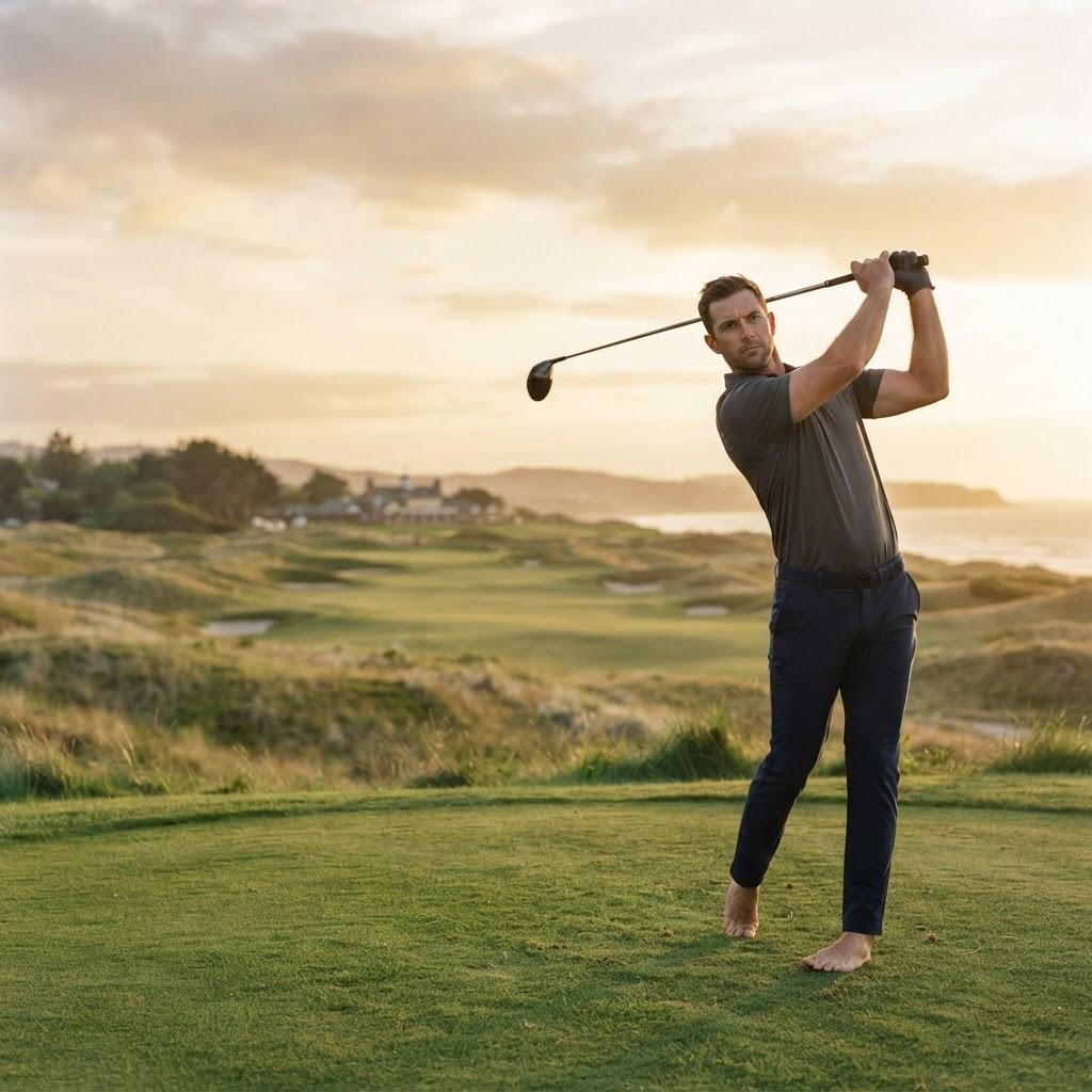 A professional golfer at the top of the backswing on a championship links course at golden hour